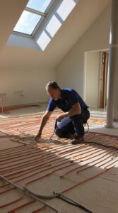 Modern kitchen underfloor heating installation for warm floors